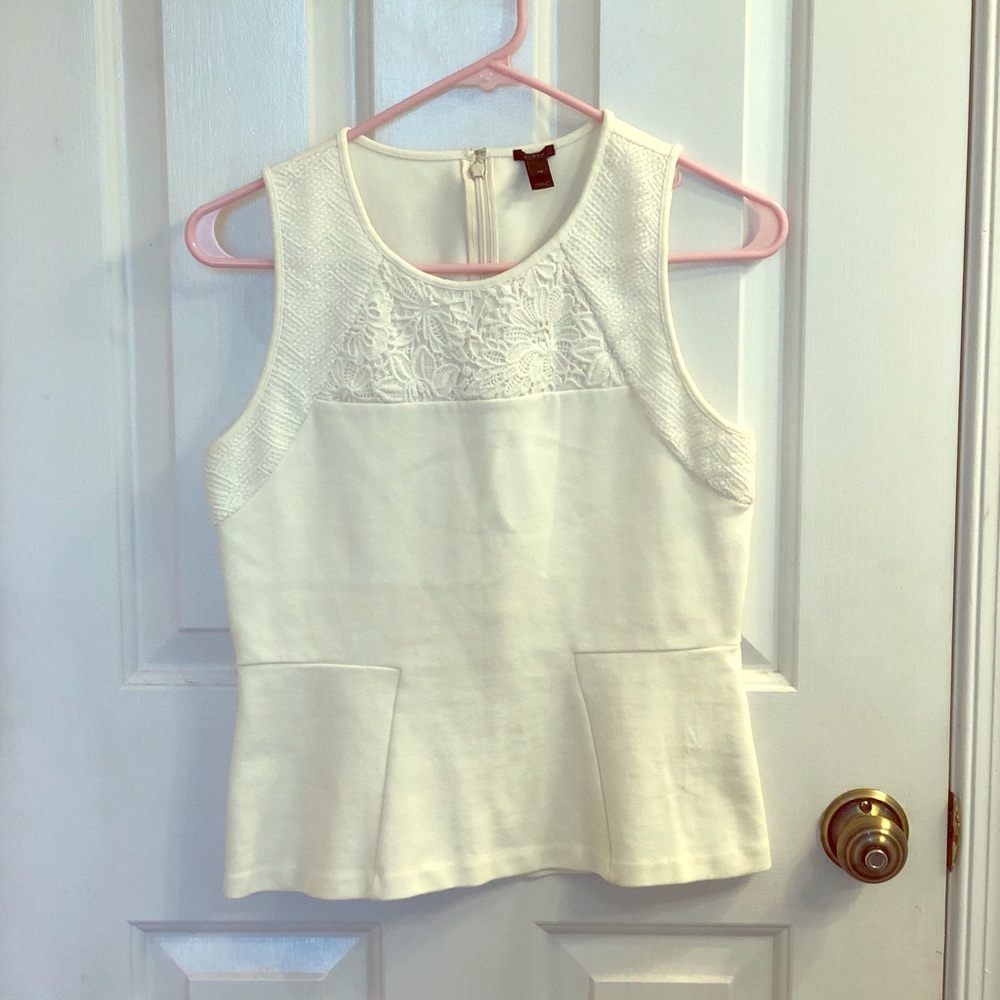 Crew Ivory sleeveless knit top with lace inset.